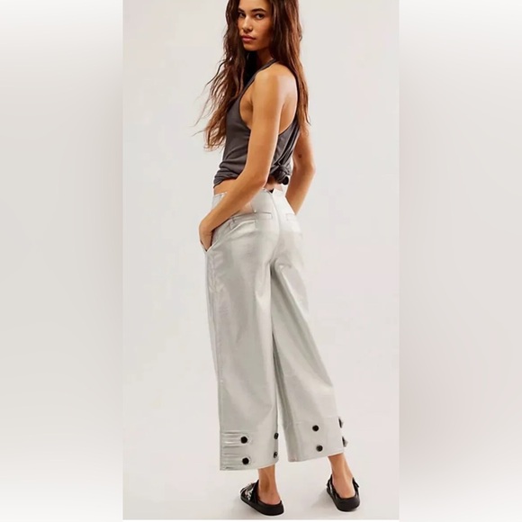 Free People Full Moon Vegan Gaucho Pants Wide Legs Metallic Leather Silver - Picture 3 of 6